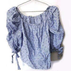 NWOT Love J Ladies blue & white stripe puff sleeve tie cuff cropped top, M